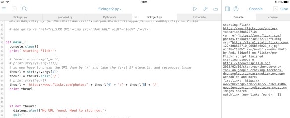 Python script, in Pythonista, with console output