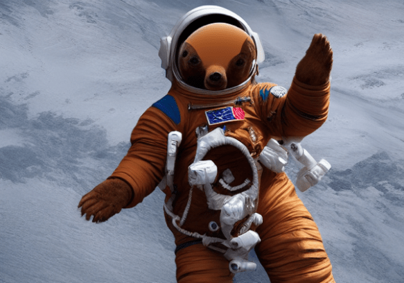 A brown bear in a space suit